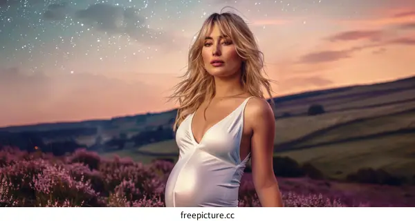 Pregnant model poses in a field of lavender at sunset