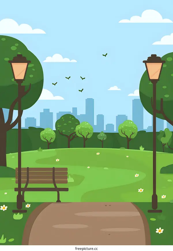 Park Bench in the City with Trees and Lampposts