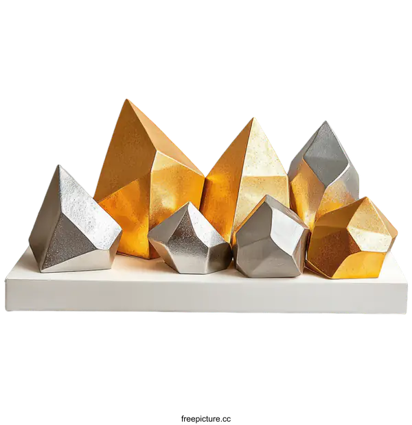 [Transparent Background PNG]Abstract Geometric Gold and Silver Crystal Decor