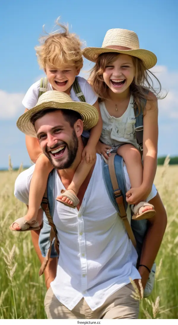 Happy family of three walking in a field of wheat