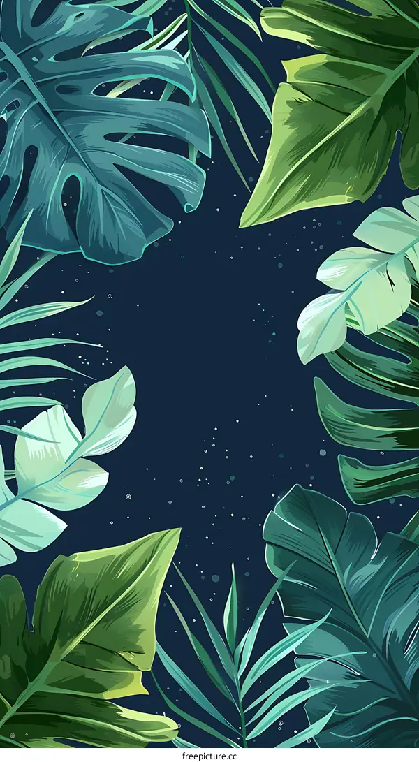 Tropical Green Leaves Frame with Blue Background