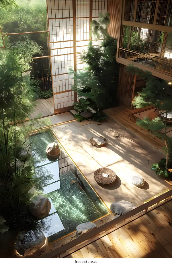 Zen Garden Interior Design With Shoji Screen Window And Glass Floor Pool