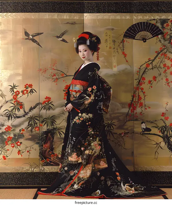 A Japanese woman wearing a kimono standing in front of a golden screen