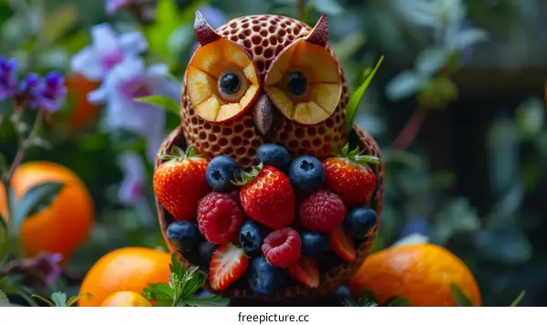 Owl sculpture made of fruits and vegetables