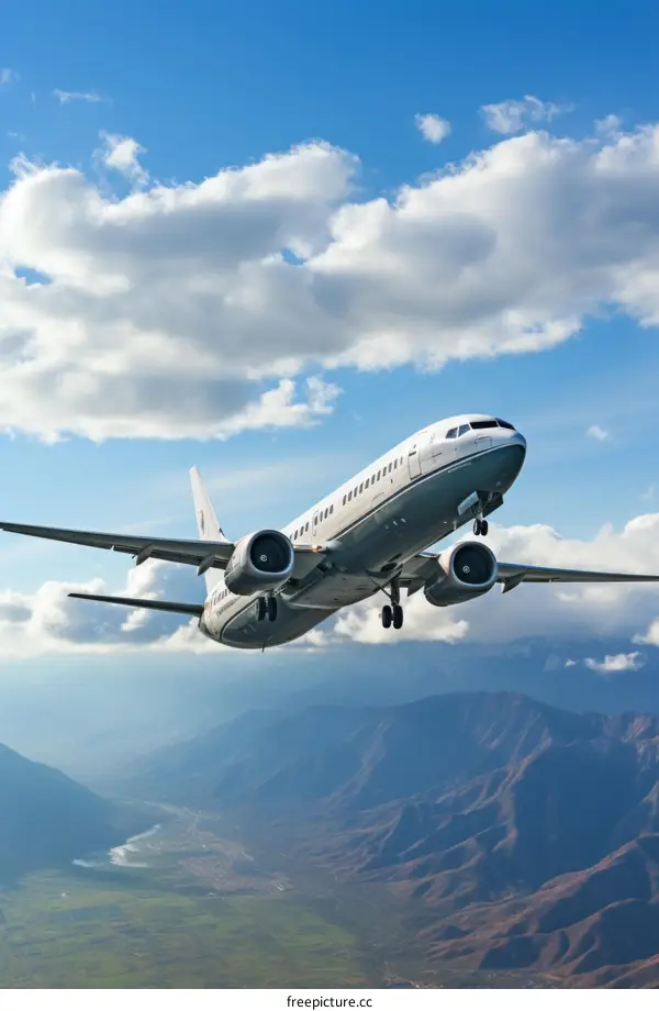 A large passenger plane is flying over a mountain range.