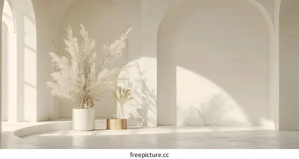 Minimalist White Room Interior Design with Archways and Dried Flowers
