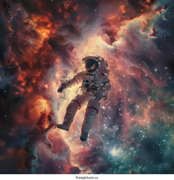 Astronaut in deep space with colorful nebula and stars
