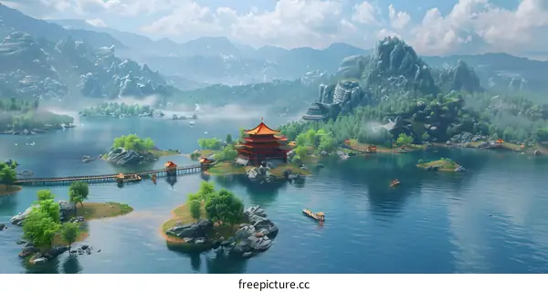 Oriental fantasy lake house