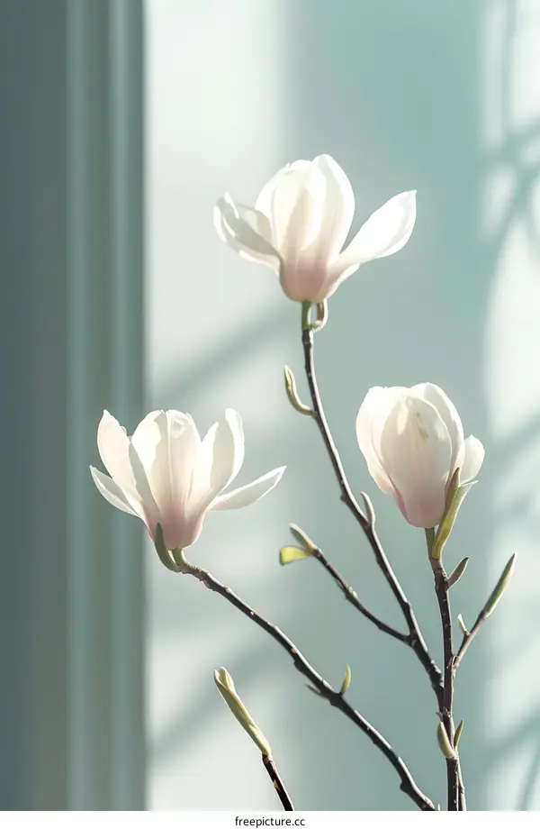White Magnolia Flowers Branch Against A Light Blue Background