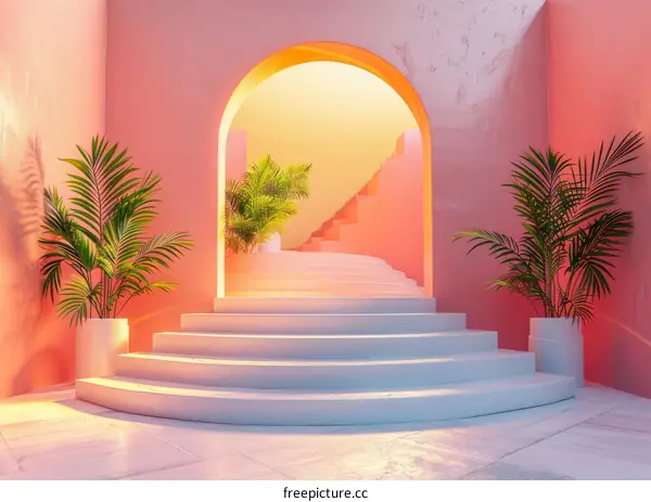 Pastel Pink Archway Steps with Tropical Plants