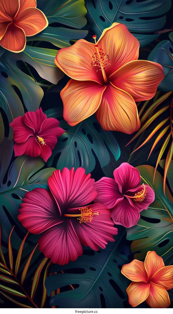 Vibrant Tropical Flowers and Leaves