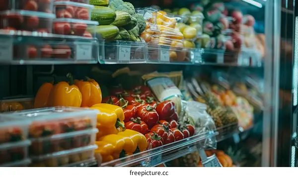 Fresh and colorful vegetables and fruits in a grocery store