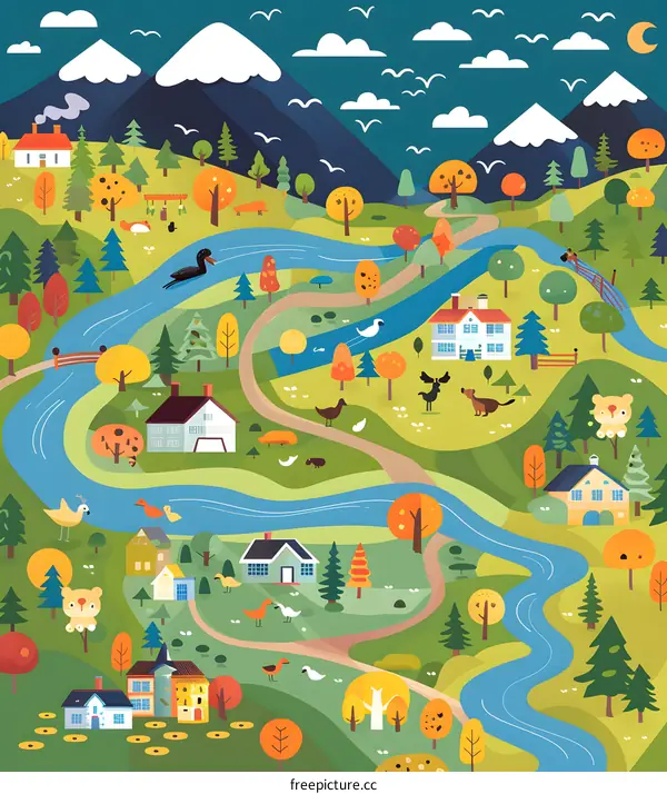 Illustrated Map of a Small Town with River and Mountains in the Background