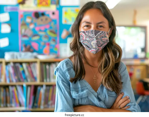 Portrait of a smiling female teacher wearing a facial mask in a classroom.