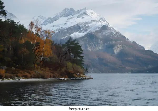 Snow Covered Mountains Reflecting in Calm Lake Water