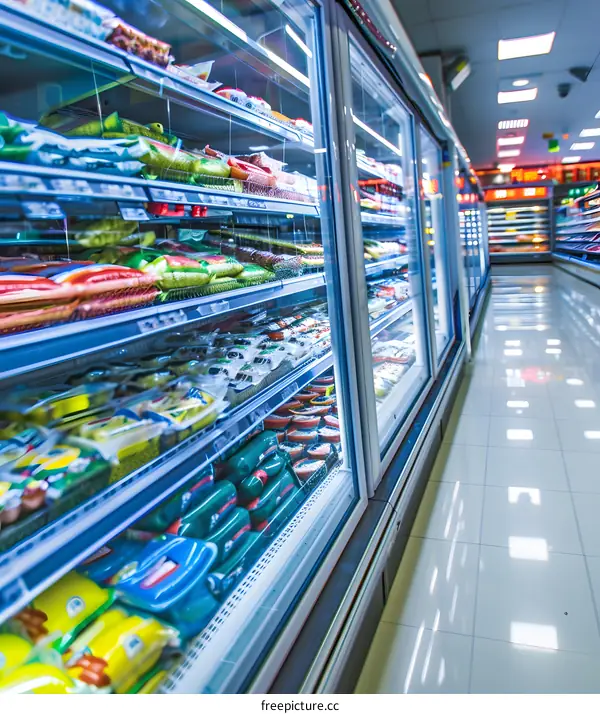 Refrigerated Food Products Displayed in Supermarket Aisles
