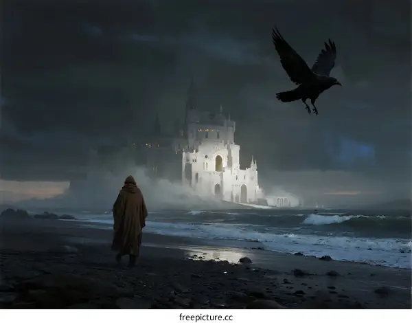 Mysterious Ancient Castle by Stormy Beach with Flying Raven