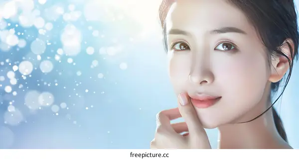 Woman with Beautiful Skin and Blue Bokeh Background