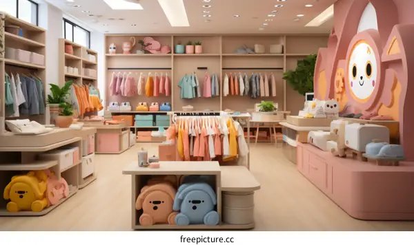 An illustration of a colorful and organized children's clothing store