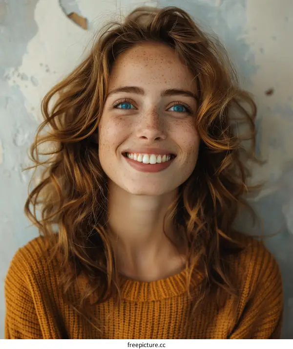 Portrait of a Young Woman with Freckles and Blue Eyes