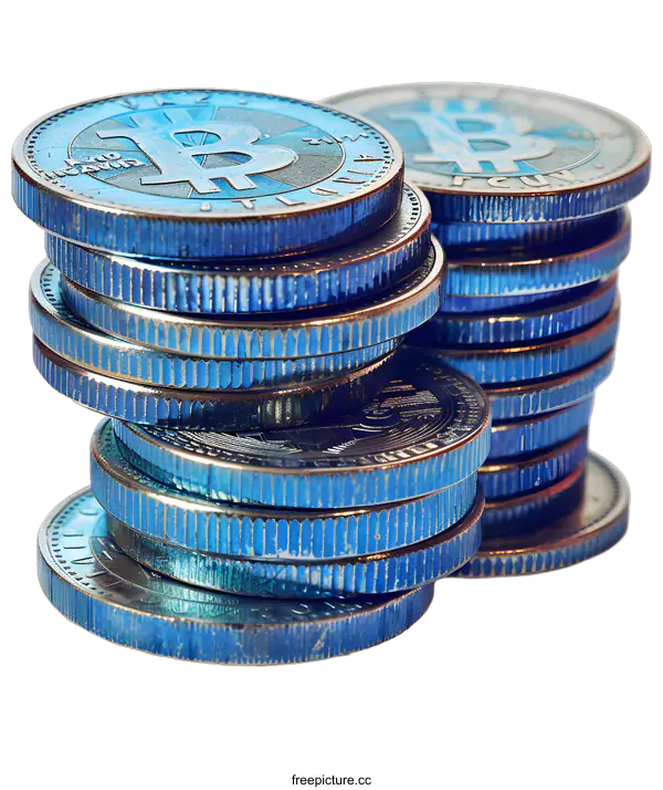 [Transparent Background PNG]Stacks of Blue Bitcoin Cryptocurrency Coins