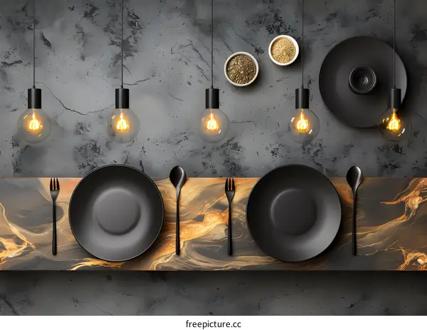 Black Plates on Wooden Table with Light Bulbs