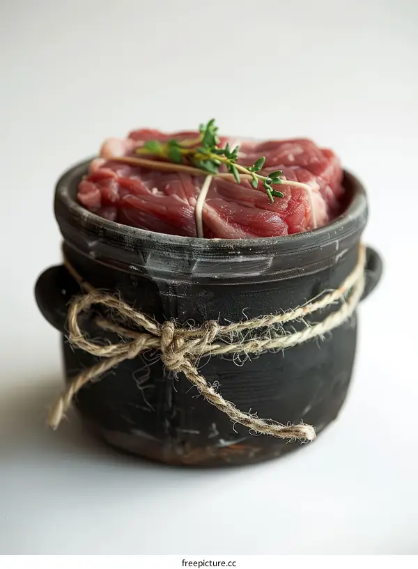 Raw Meat in a Ceramic Pot