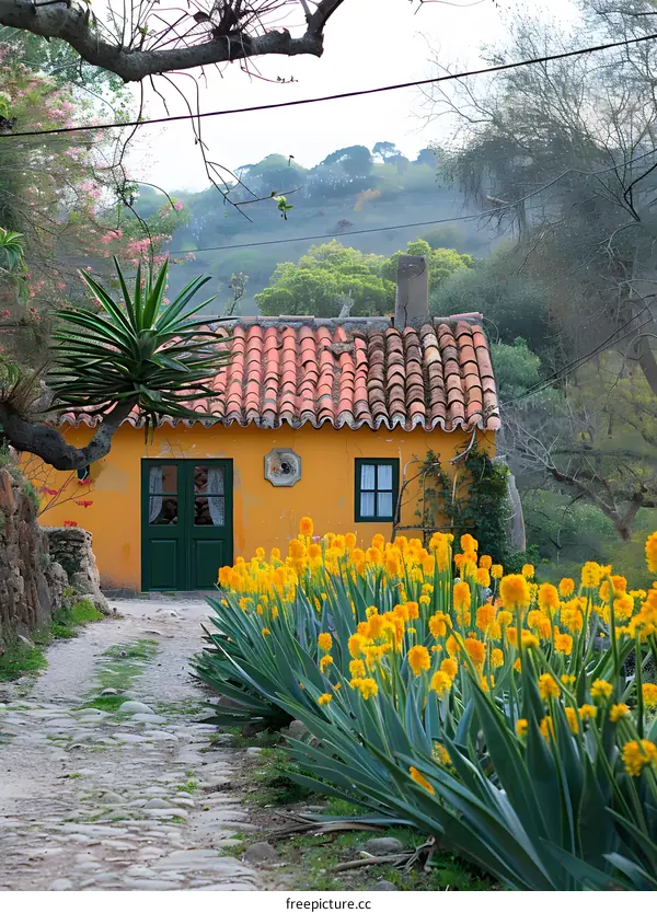 Yellow Cottage with Green Door and Flower Garden
