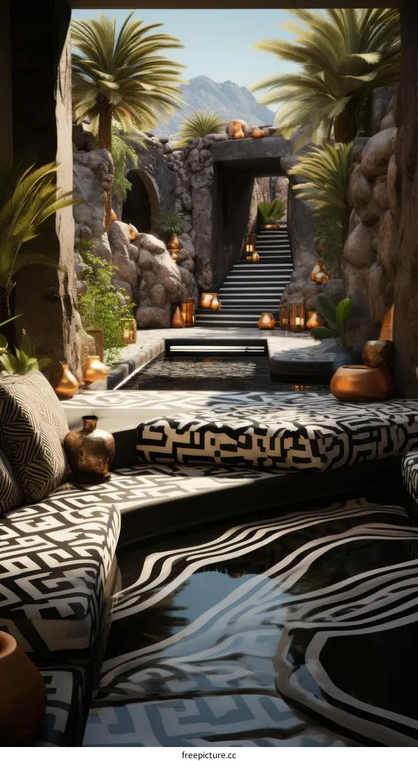 Modern Moroccan Oasis Living Room with Pool