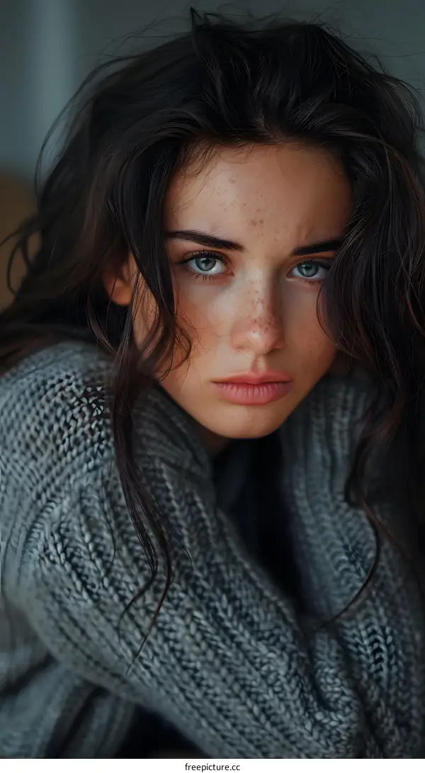 Portrait of a young woman with freckles and green eyes
