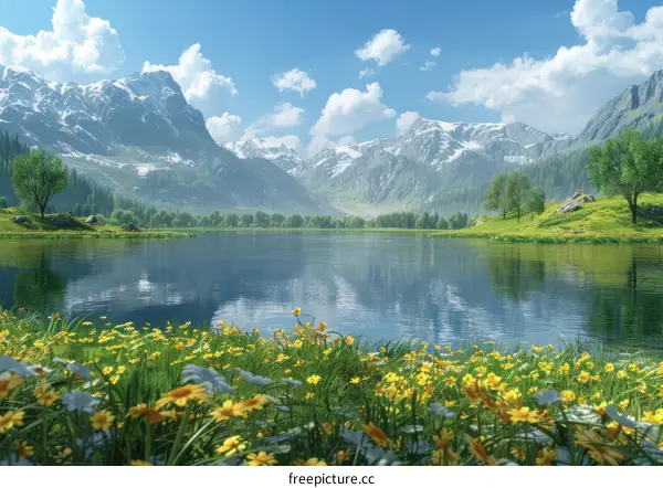 Enchanting Mountain, Tranquil Lake, and Vibrant Flowers