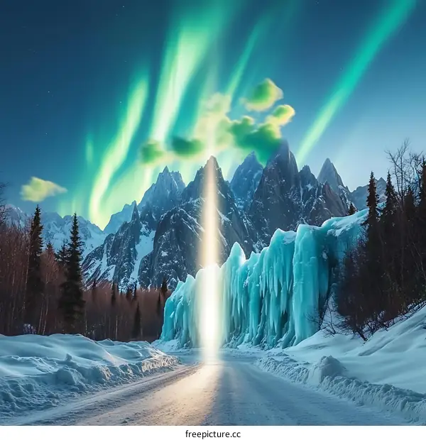 Northern Lights Shine Over Snowy Mountains and Frozen Waterfall