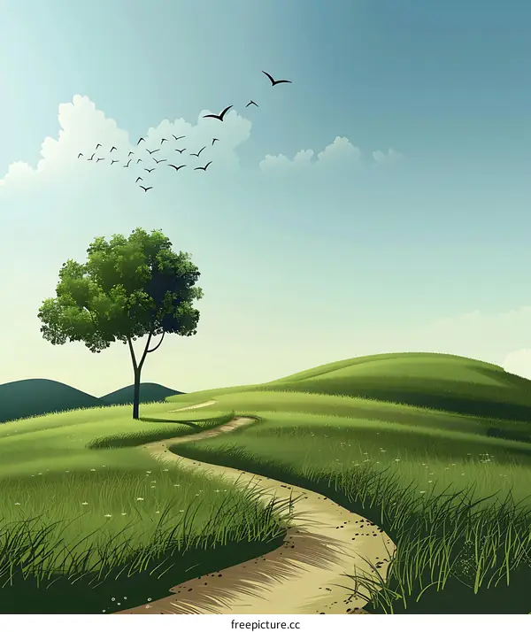 Green Grass Meadow With Winding Path and Birds