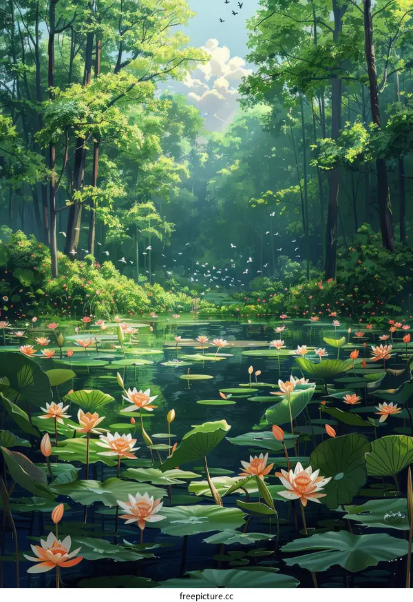 Mystical Forest Lake with Glowing Water Lilies and Birds