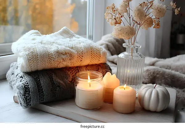 Cozy Autumnal Windowsill Display with Candles and Sweaters