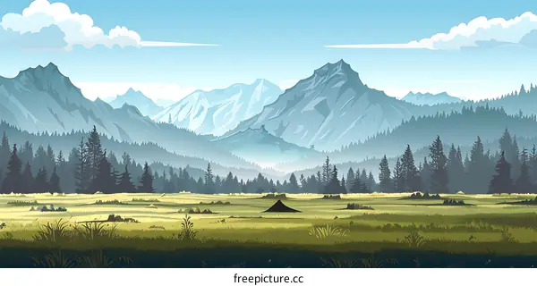 Mountain View Illustration with Foggy Forest and Grassland