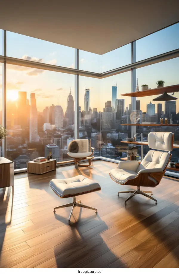 Modern living room interior with city view at sunset