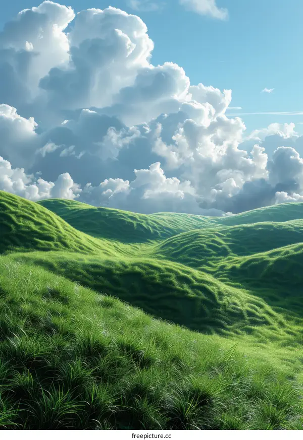 Green rolling hills under a blue sky with white clouds