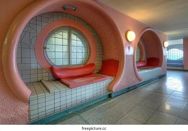 liminal space pink retro futuristic architecture