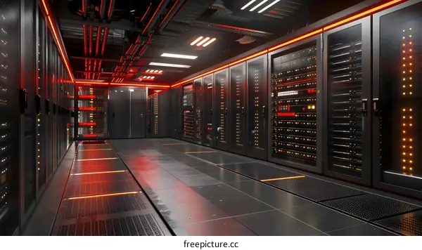 Server room with rows of server racks containing multiple server blades