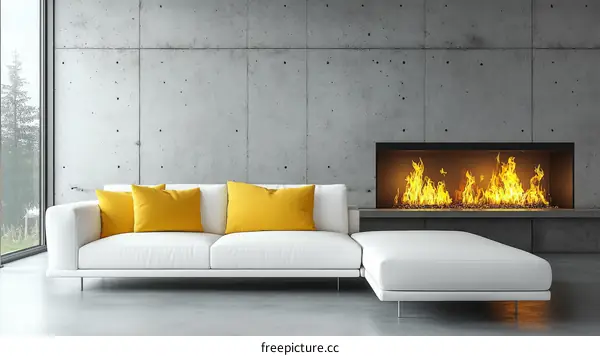 Modern Concrete Living Room with Fireplace and Sofa