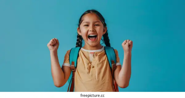 Portrait of a happy young school girl celebrating her success with arms raised in the air