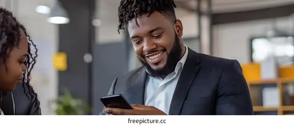 African American Businessman Smiling While Using Smartphone