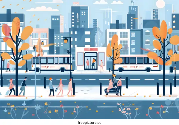 Cityscape with People Walking and Bus