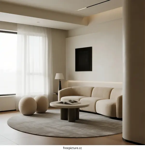 Minimalist living room with round sofa and soft lighting
