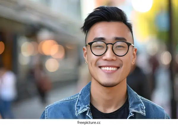 Smiling Young Asian Man with Glasses in a City