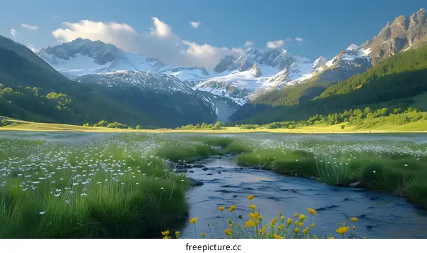Small river flowing through a valley in the Swiss Alps with snow capped mountains in the distance