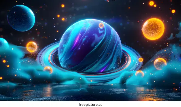 Glowing Planet with Rings and Nebulae