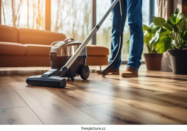Man vacuuming the floor in the living room