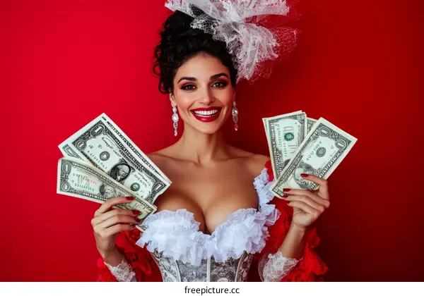 Woman in Fashionable Dress Holding Money